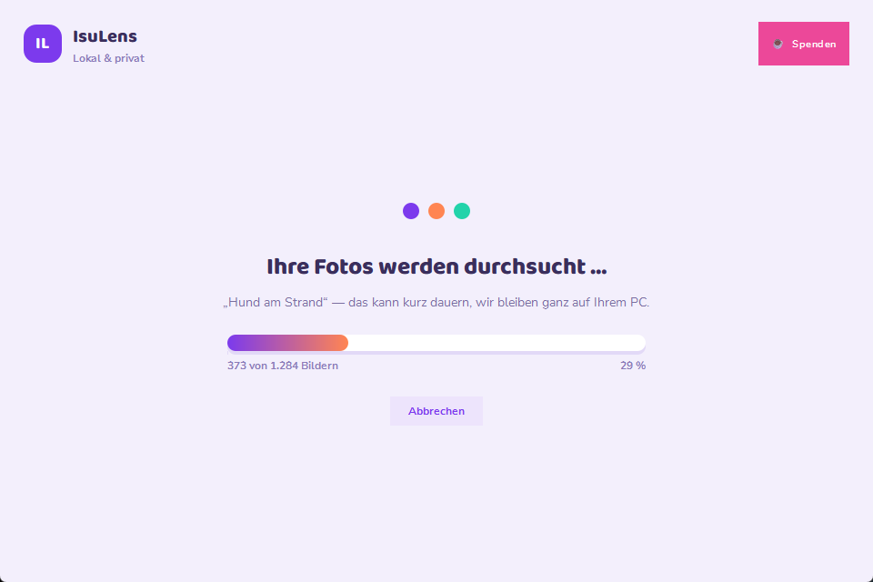 IsuLens beim Durchsuchen der Fotosammlung mit Fortschrittsbalken