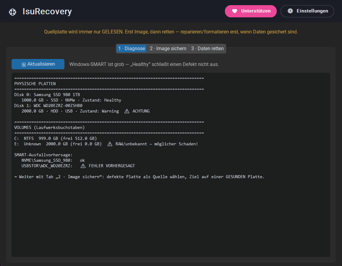 IsuRecovery – Diagnose: Zustand aller Platten und Laufwerke