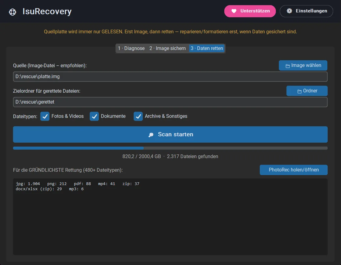 IsuRecovery – Daten retten: Dateitypen wählen und Scan starten