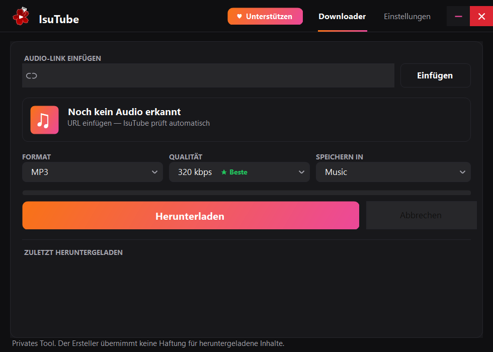 IsuTube: Link einfügen, Audio wird erkannt, Format und Qualität wählen