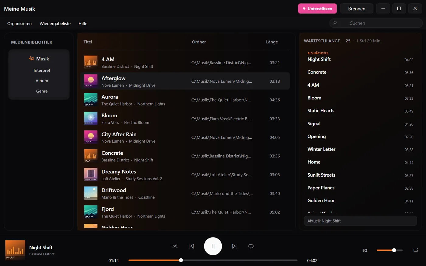 Isu Media Player – Musikbibliothek mit Titeln, Künstlern, Alben und Warteschlange