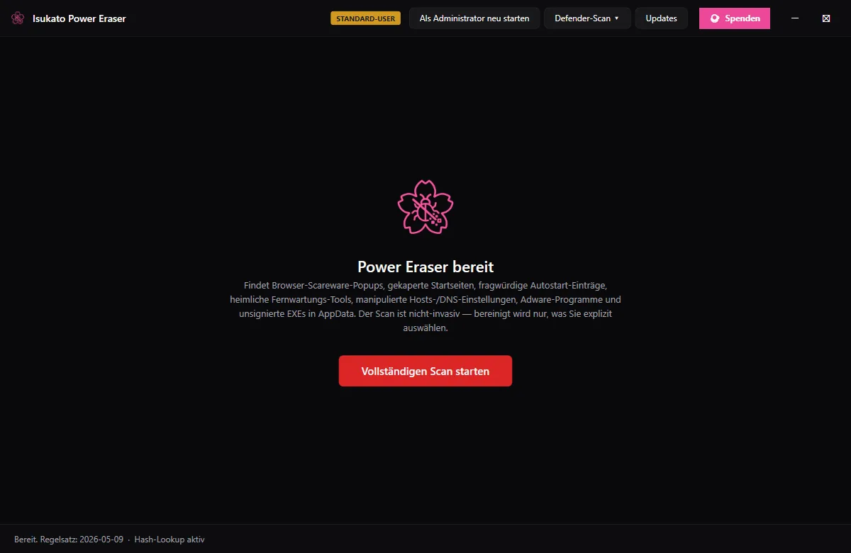 Isukato Power Eraser Startbildschirm mit Scan-Button