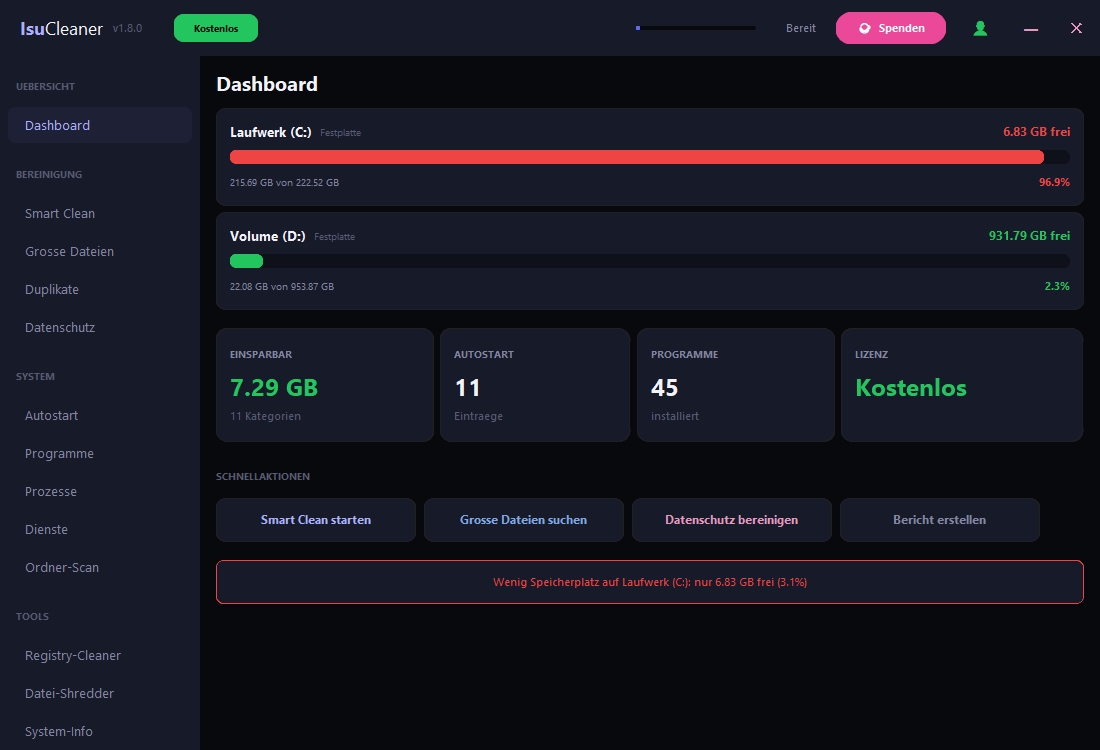 IsuCleaner Dashboard mit Speicherplatz, Autostart und Schnellaktionen